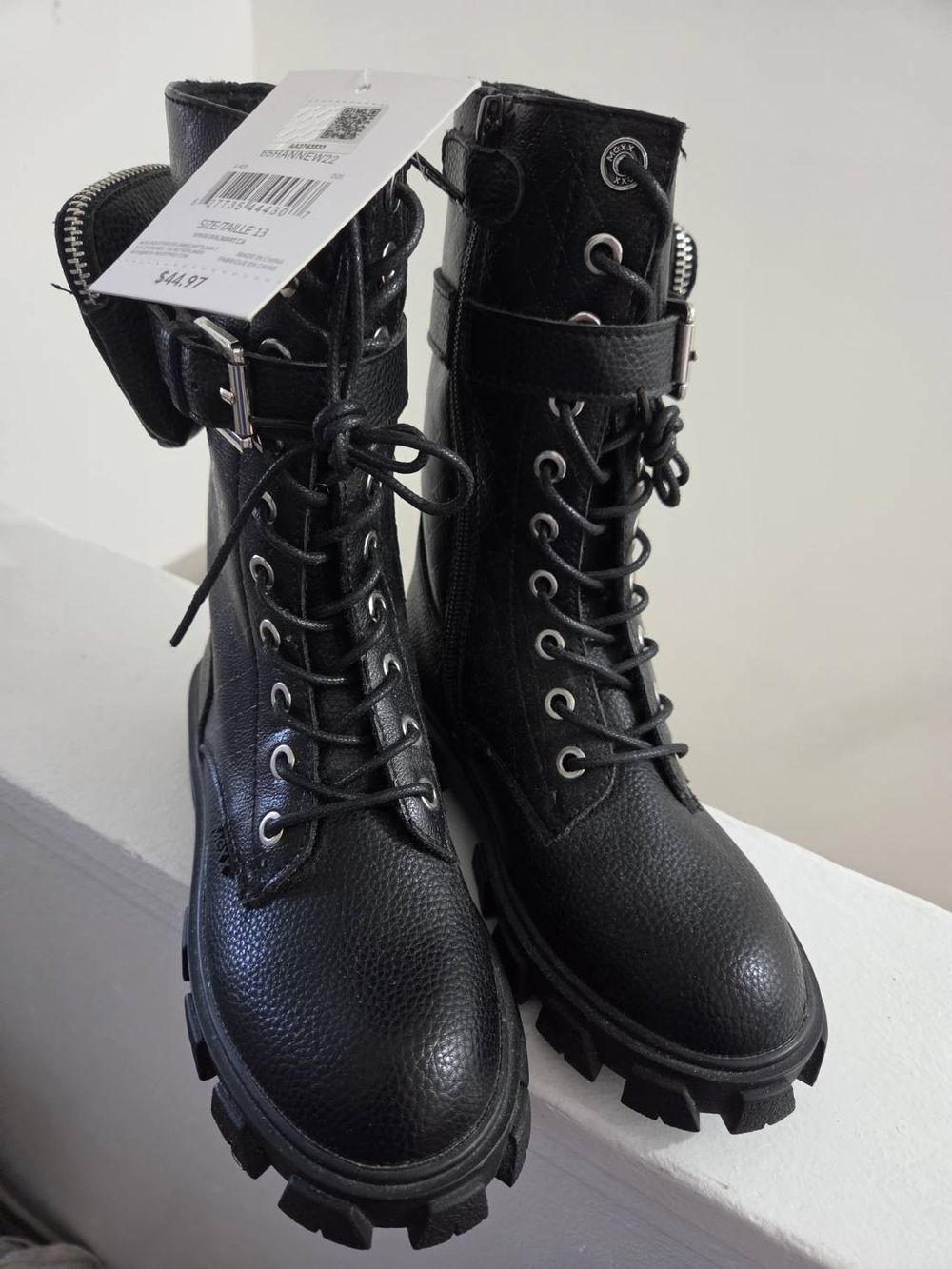 New Black Leather Combat Boots with Pouch